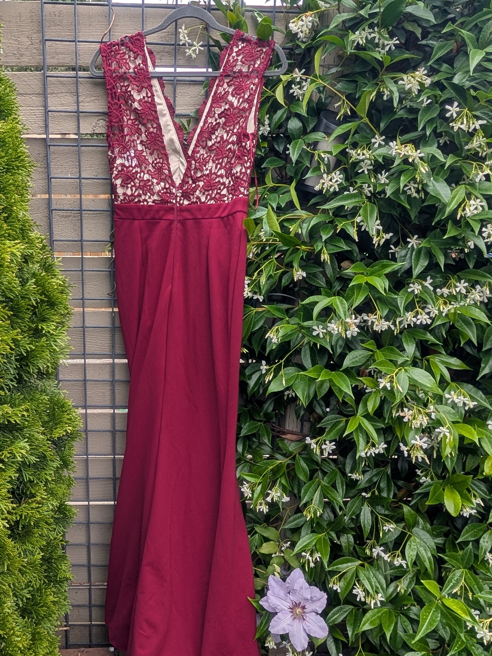 Lace-Bodice Burgundy Prom Gown